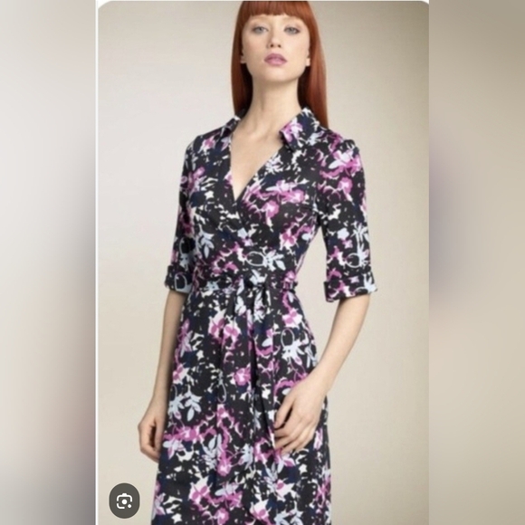 Diane Von Furstenberg Jessica 100% Silk Purple and Black Floral Midi Dress Size4 - Picture 1 of 7